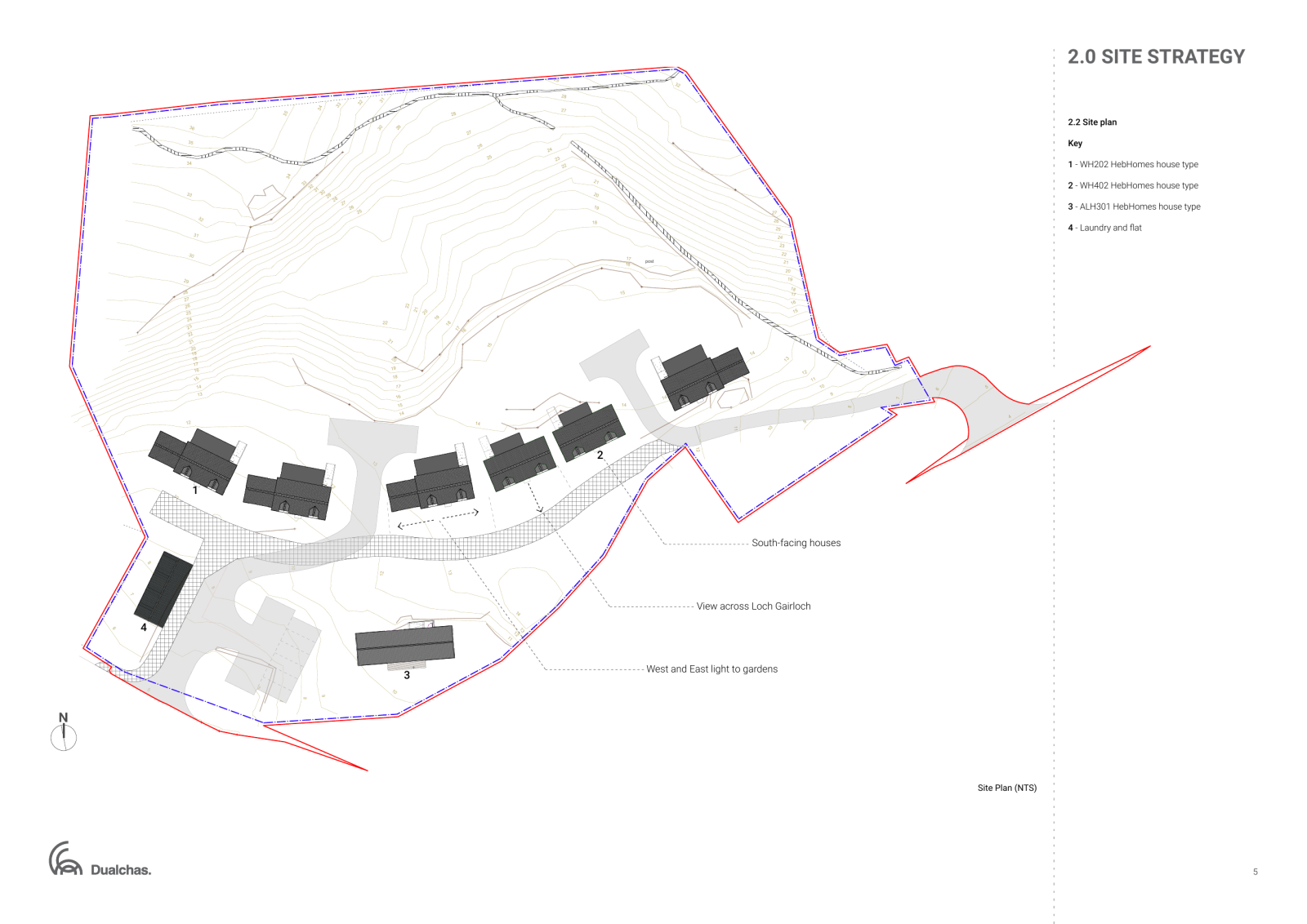 Gairloch proposed site layout showing WH202, WH402 and ALH301 HebHomes, gardens and pedestrian access