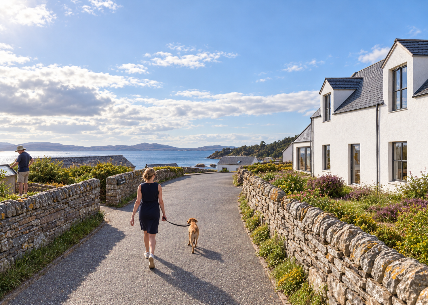 Street visualisation showing proposed white houses, gardens and a pedestrian route overlooking Gairloch harbour