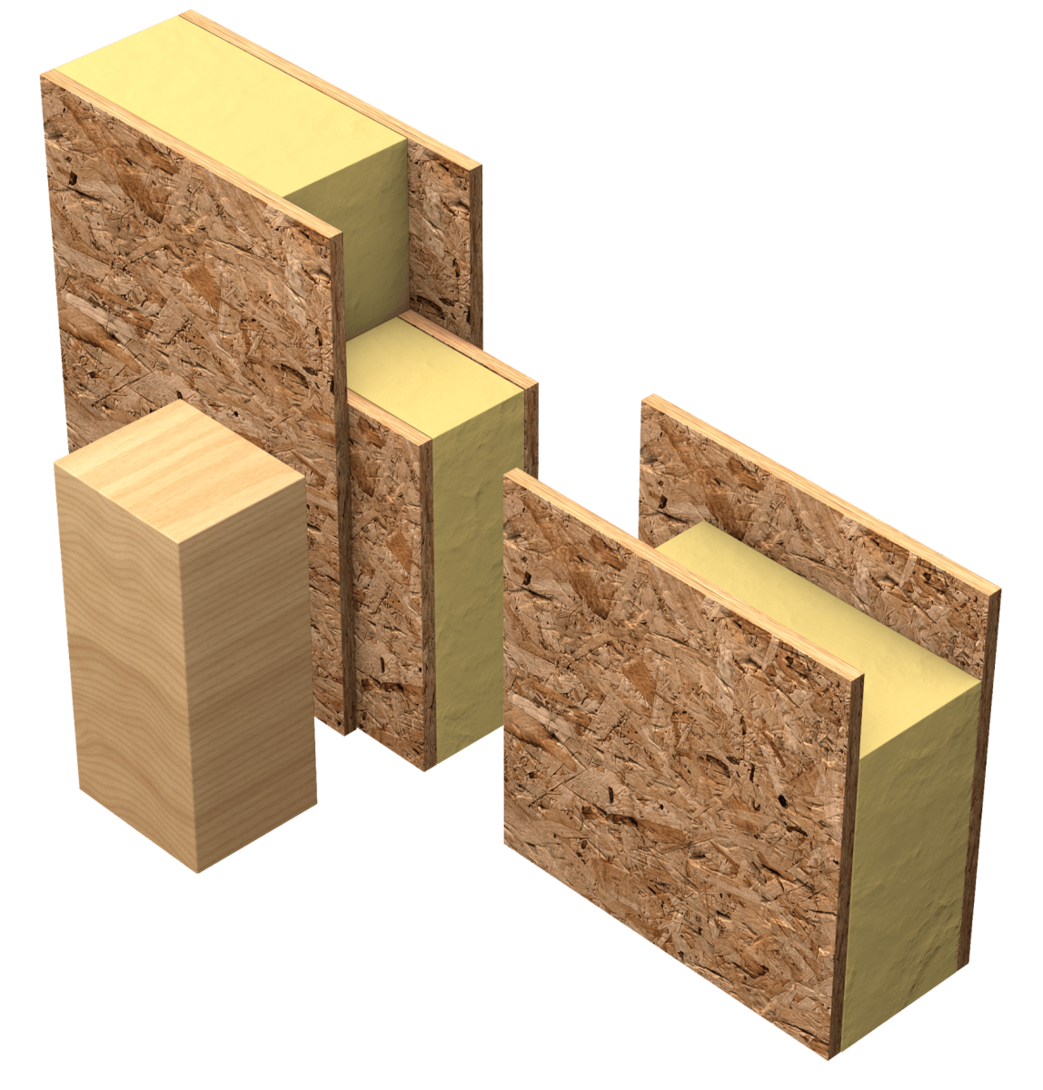 Hemsec isometric illustration showing SIP panels with OSB faces, insulation cores and a timber connection component
