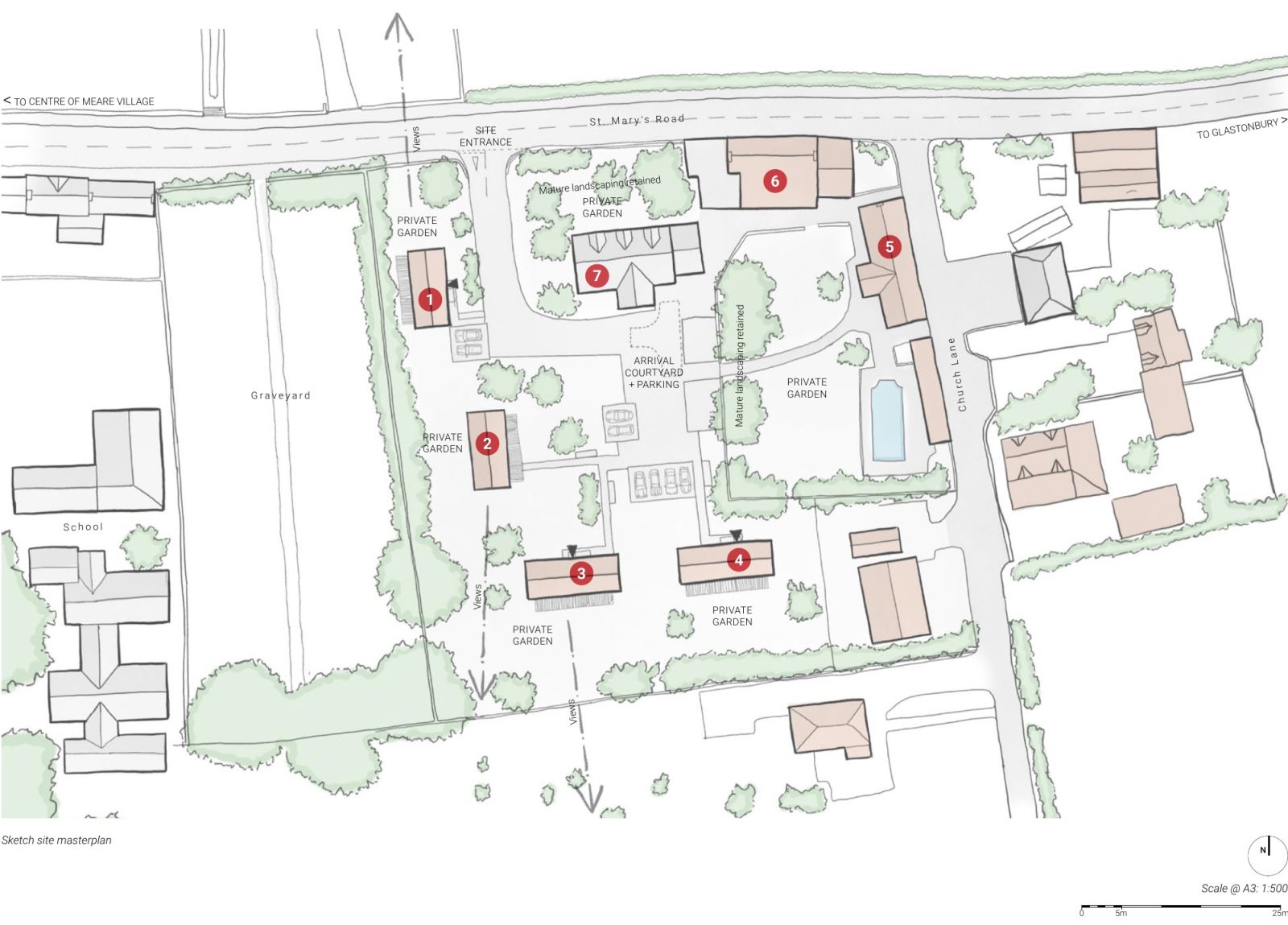 Dualchas Meare masterplan showing four proposed new homes, existing buildings, a shared arrival courtyard and private gardens